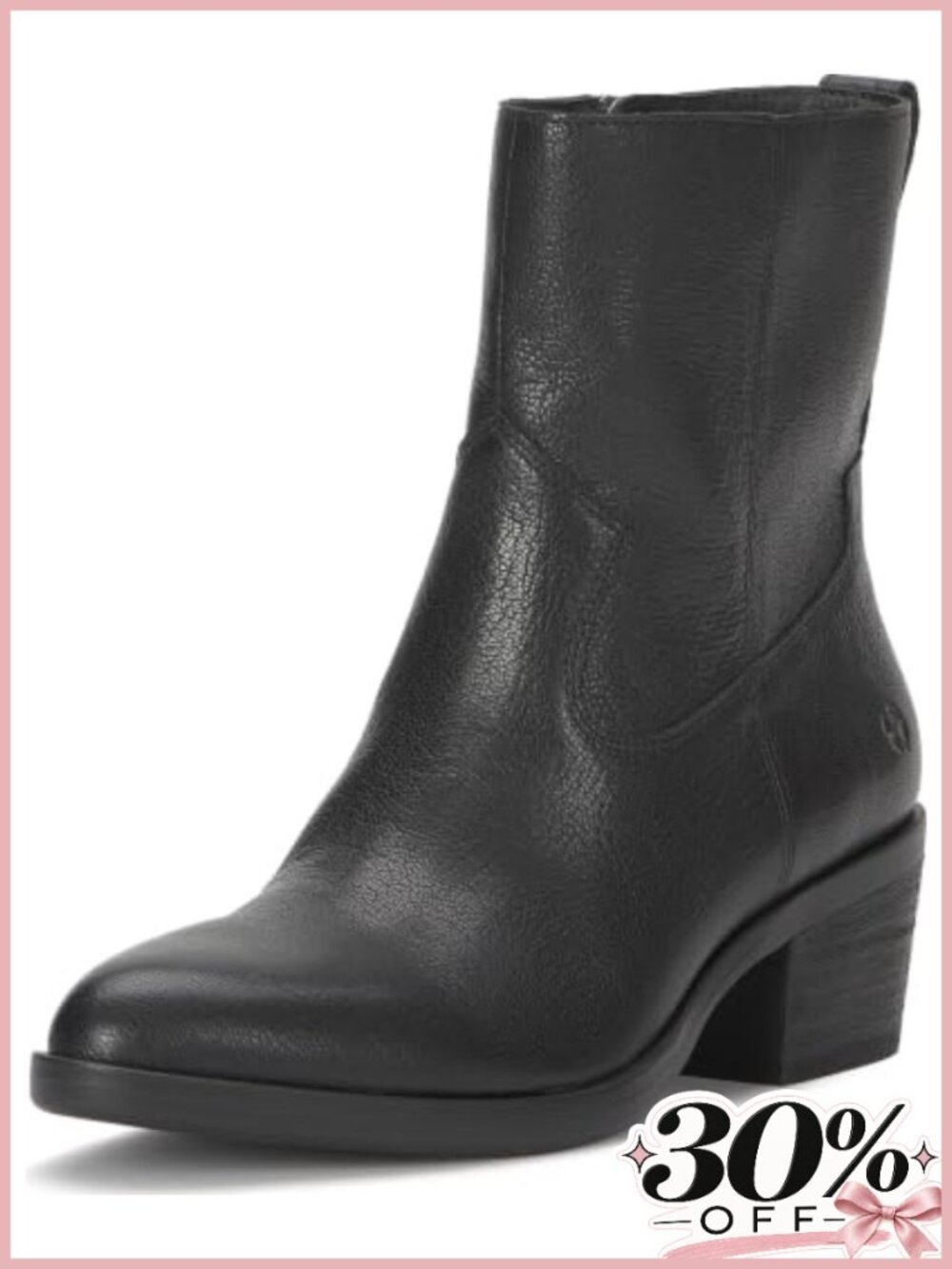 Stacked Heel Ankle Bootie Leather Almond Toe Zip Closure